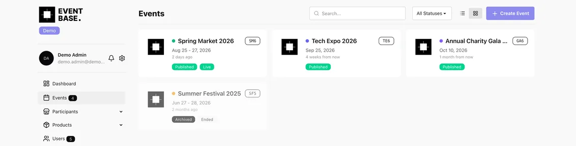 Event Base admin — the events list