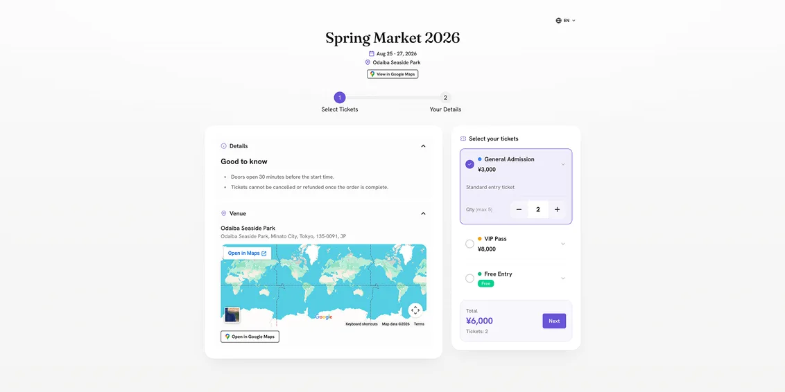 Choosing tickets on the event's public registration page